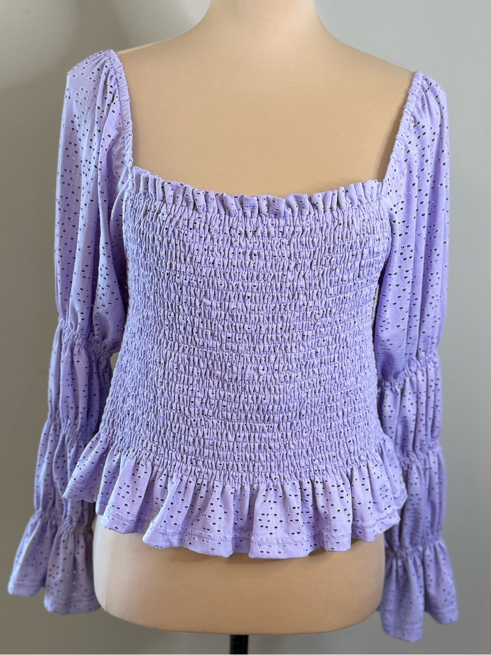 eesome purple islet lace smocked long sleeve crop top SZ LG